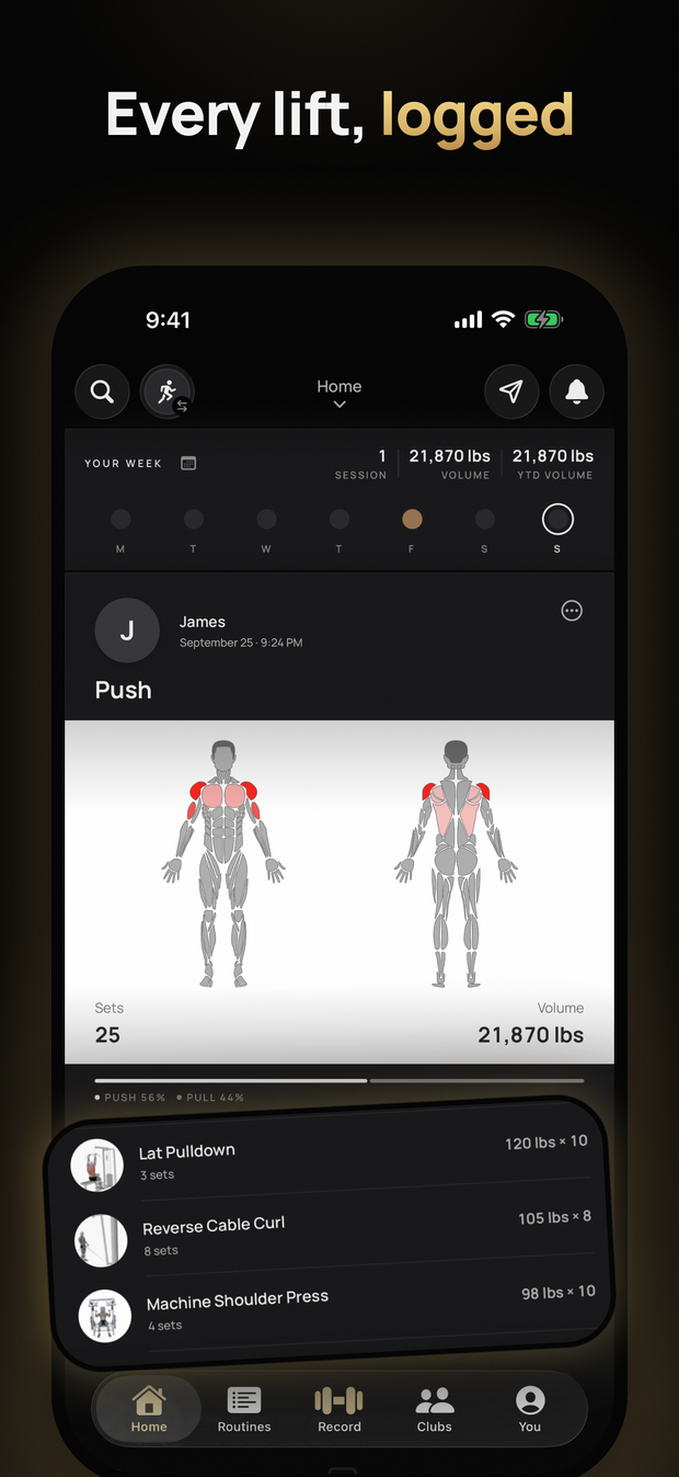 Fyt's App Store picture &ldquo;Every lift, logged&rdquo;: a finished gym session with a muscle diagram, sets, total volume and the exercises done, under the week's totals