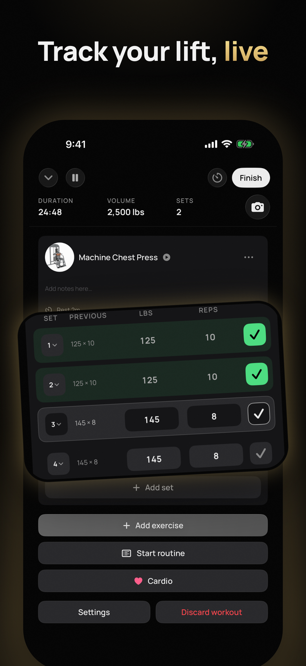 Fyt's App Store picture &ldquo;Track your lift, live&rdquo;: a gym session in progress, with weights and reps checked off set by set
