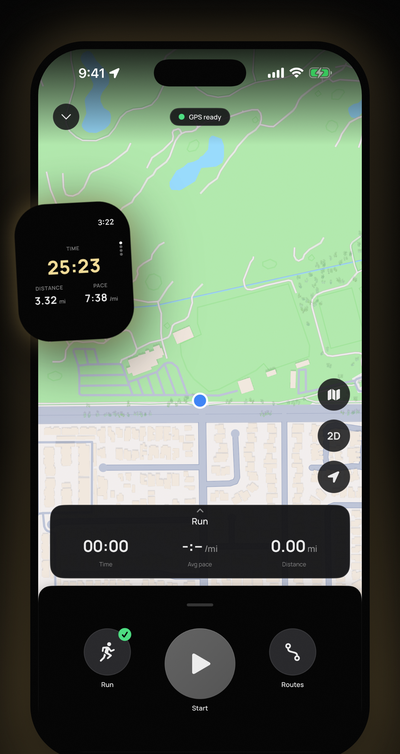 Fyt's App Store picture &ldquo;Record your run, live&rdquo;: an iPhone ready to start a run on a map, beside an Apple Watch recording one