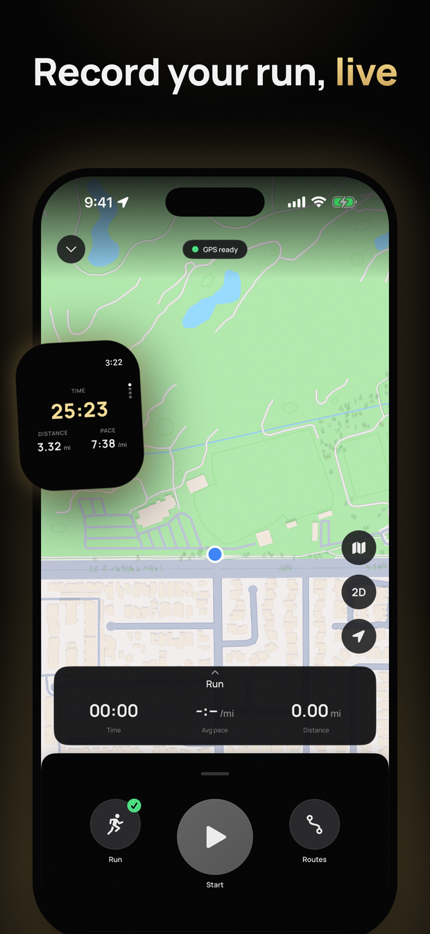 Fyt's App Store picture &ldquo;Record your run, live&rdquo;: an iPhone ready to start a run on a map, beside an Apple Watch recording one