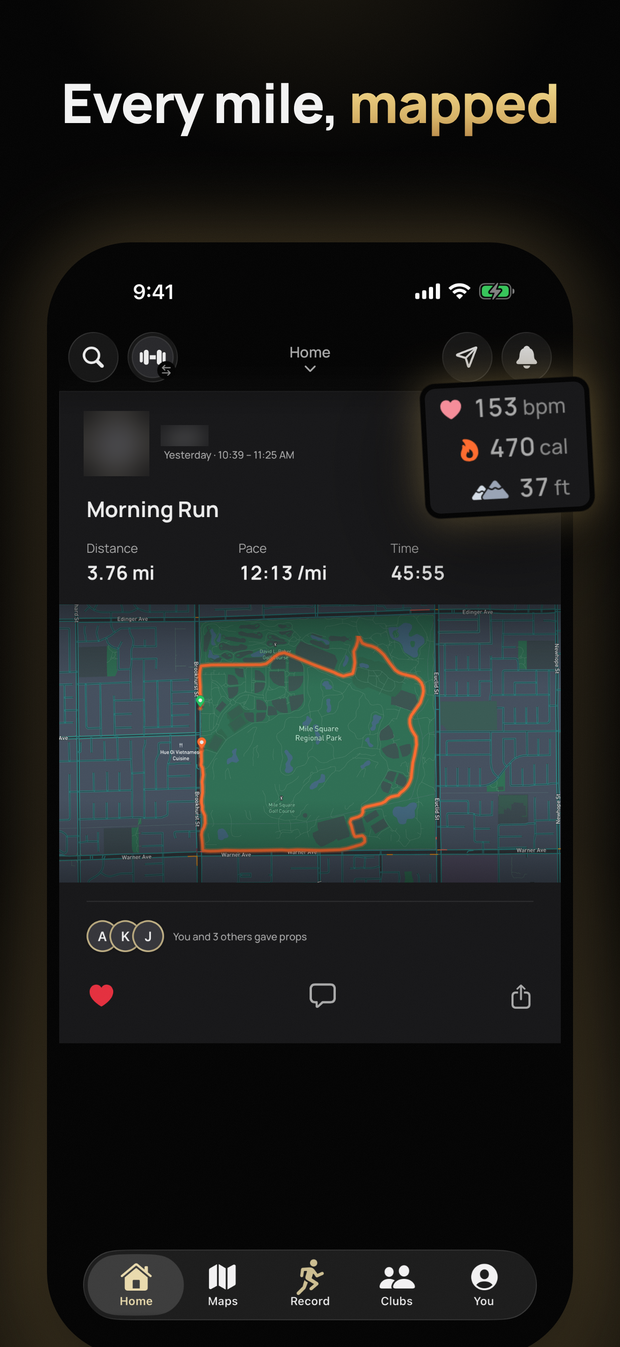 Fyt's App Store picture &ldquo;Every mile, mapped&rdquo;: the feed with a run's route map, distance, pace and time, beside its heart rate and calories