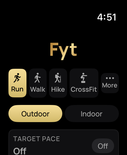 The Fyt Apple Watch start screen with Run, Walk, Hike, and CrossFit activities, outdoor and indoor modes, and a target pace setting